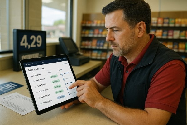 Business Professional Reviewing Real-Time Analytics Dashboard on Multiple Screens