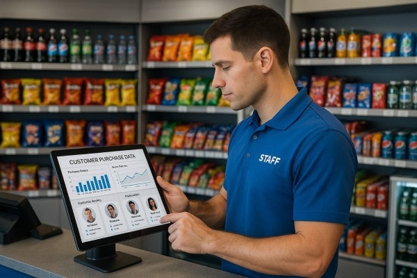 Business Owner Comparing Performance Metrics of Multiple Store Locations on a Centralized Dashboard
