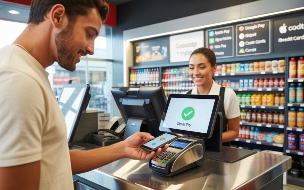 Let Customers Pay How They Want Store Manager Analyzing Predictive Analytics on a Large Screen in a Convenience Store