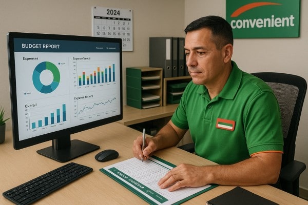 Business Professional Reviewing Real-Time Analytics Dashboard on Multiple Screens