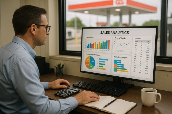 Store Manager Analyzing Predictive Analytics on a Large Screen in a Convenience Store