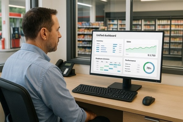 Business Owner Comparing Performance Metrics of Multiple Store Locations on a Centralized Dashboard
