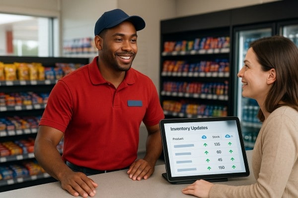 Spend Less Time Counting and More Time Selling Business Professional Reviewing Real-Time Analytics Dashboard on Multiple Screens