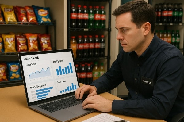 Store Manager Analyzing Predictive Analytics on a Large Screen in a Convenience Store