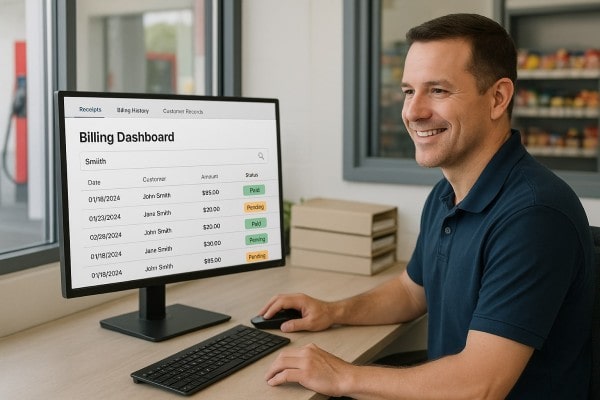 Store Manager Analyzing Predictive Analytics on a Large Screen in a Convenience Store