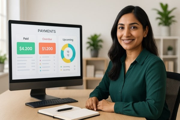 Business Professional Reviewing Real-Time Analytics Dashboard on Multiple Screens