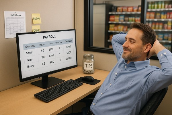 Store Manager Analyzing Predictive Analytics on a Large Screen in a Convenience Store