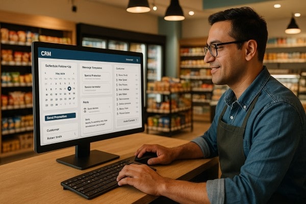 Store Manager Analyzing Predictive Analytics on a Large Screen in a Convenience Store