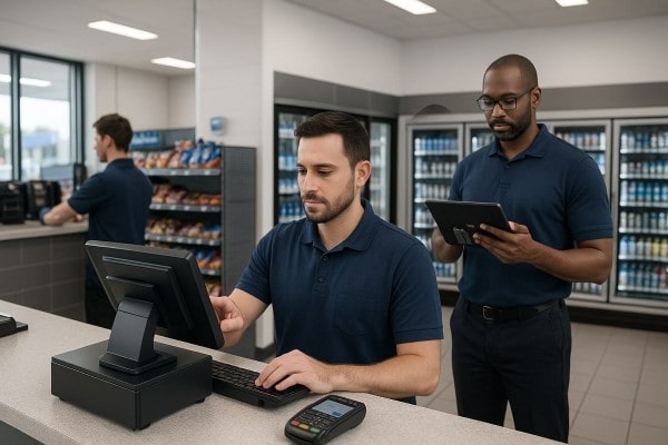 Business Professional Reviewing Real-Time Analytics Dashboard on Multiple Screens