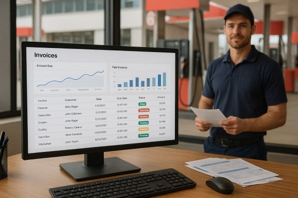Store Manager Analyzing Predictive Analytics on a Large Screen in a Convenience Store