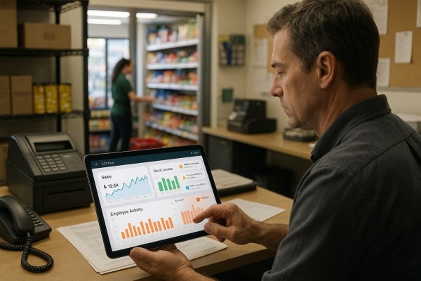 Store Manager Analyzing Predictive Analytics on a Large Screen in a Convenience Store