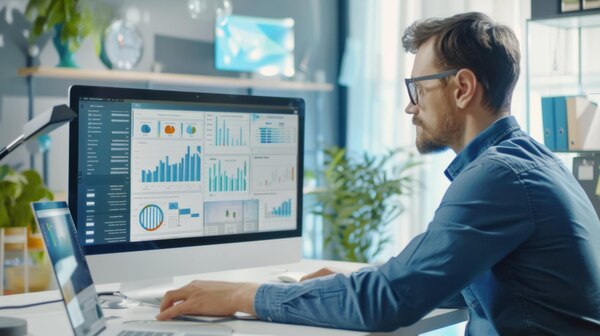 Business Owner Comparing Performance Metrics of Multiple Store Locations on a Centralized Dashboard