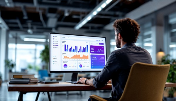 Business Professional Reviewing Real-Time Analytics Dashboard on Multiple Screens