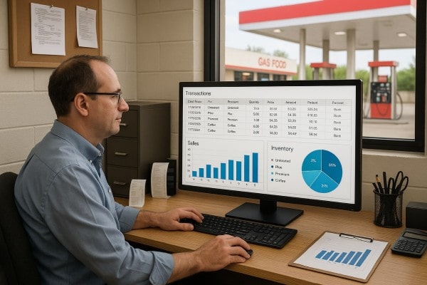 Store Manager Analyzing Predictive Analytics on a Large Screen in a Convenience Store