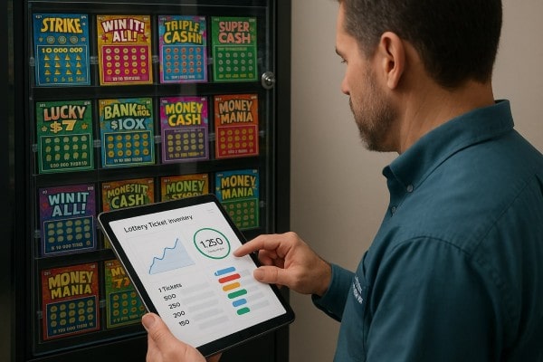 Store Manager Analyzing Predictive Analytics on a Large Screen in a Convenience Store