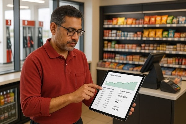 Business Owner Comparing Performance Metrics of Multiple Store Locations on a Centralized Dashboard