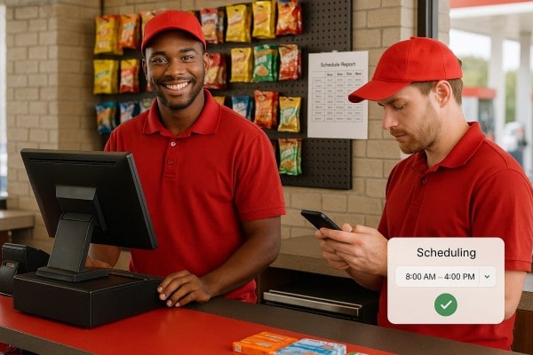 Store Manager Analyzing Predictive Analytics on a Large Screen in a Convenience Store
