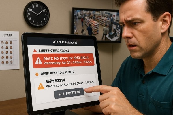 Store Manager Analyzing Predictive Analytics on a Large Screen in a Convenience Store