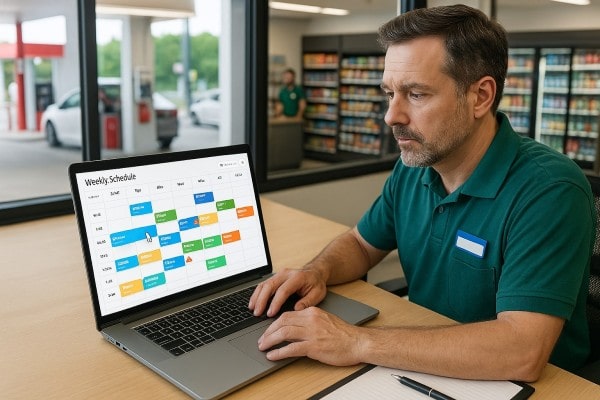Business Owner Comparing Performance Metrics of Multiple Store Locations on a Centralized Dashboard