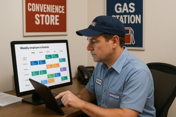 Business Owner Comparing Performance Metrics of Multiple Store Locations on a Centralized Dashboard