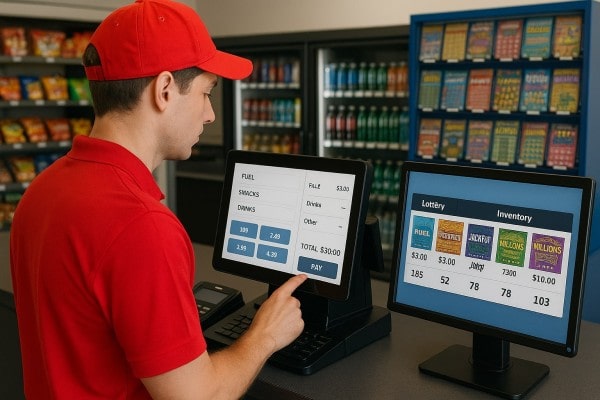 Business Professional Reviewing Real-Time Analytics Dashboard on Multiple Screens