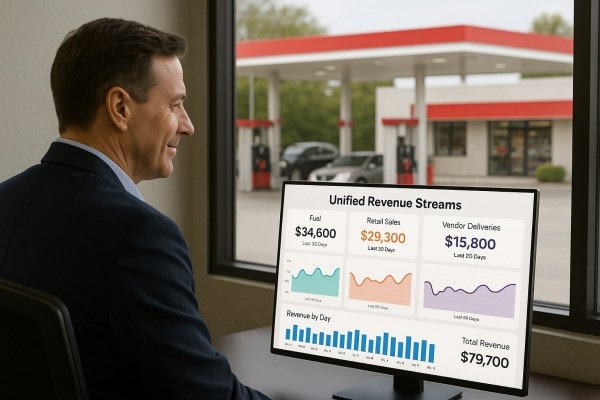 Business Professional Reviewing Real-Time Analytics Dashboard on Multiple Screens