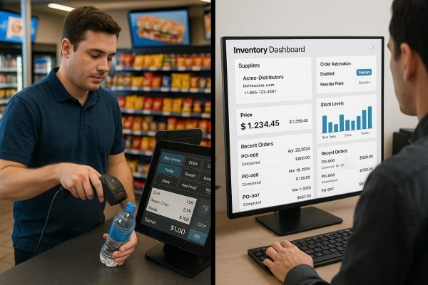 Business Professional Reviewing Real-Time Analytics Dashboard on Multiple Screens