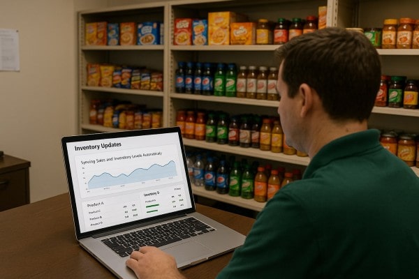Connect Sales With Inventory in Real Time Store Manager Analyzing Predictive Analytics on a Large Screen in a Convenience Store