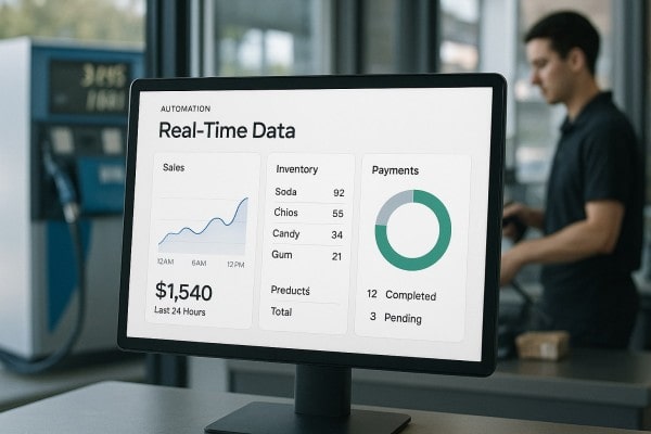 Store Manager Analyzing Predictive Analytics on a Large Screen in a Convenience Store