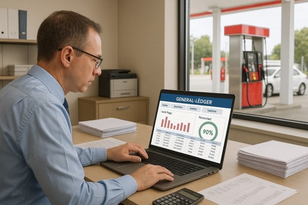 Store Manager Analyzing Predictive Analytics on a Large Screen in a Convenience Store