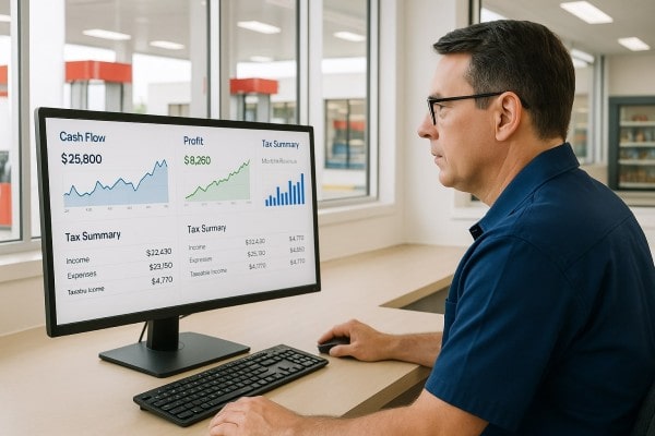 Store Manager Analyzing Predictive Analytics on a Large Screen in a Convenience Store