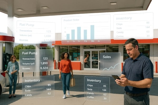 Store Manager Analyzing Predictive Analytics on a Large Screen in a Convenience Store