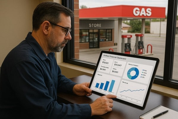 Business Professional Reviewing Real-Time Analytics Dashboard on Multiple Screens