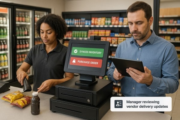 Business Professional Reviewing Real-Time Analytics Dashboard on Multiple Screens