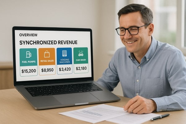 Business Professional Reviewing Real-Time Analytics Dashboard on Multiple Screens