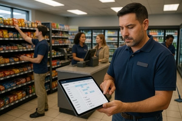 Manage Staff and Tasks With Confidence Store Manager Analyzing Predictive Analytics on a Large Screen in a Convenience Store