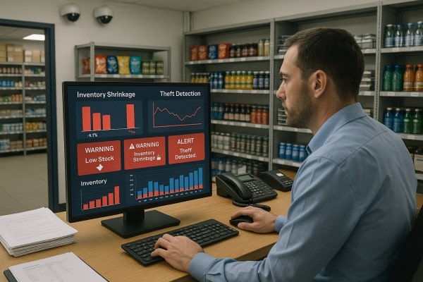 Store Manager Analyzing Predictive Analytics on a Large Screen in a Convenience Store