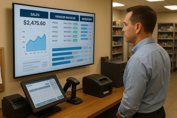 Business Professional Reviewing Real-Time Analytics Dashboard on Multiple Screens