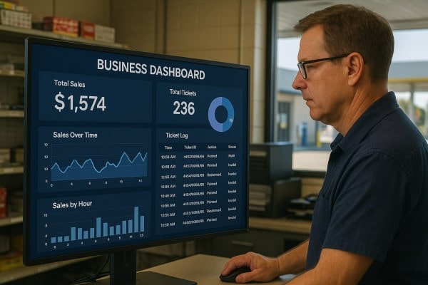 Store Manager Analyzing Predictive Analytics on a Large Screen in a Convenience Store