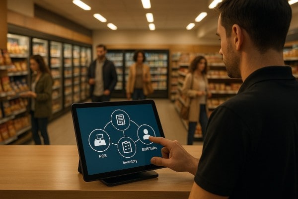 Business Owner Comparing Performance Metrics of Multiple Store Locations on a Centralized Dashboard