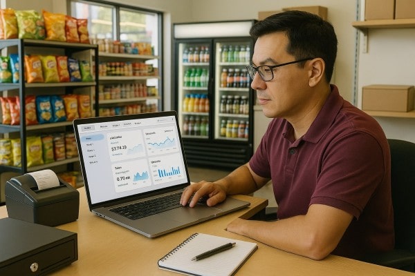 Business Owner Comparing Performance Metrics of Multiple Store Locations on a Centralized Dashboard