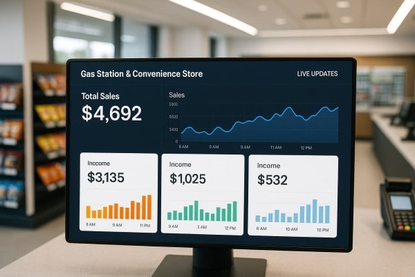 Business Owner Comparing Performance Metrics of Multiple Store Locations on a Centralized Dashboard