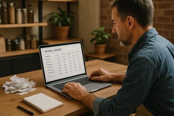 Store Manager Analyzing Predictive Analytics on a Large Screen in a Convenience Store