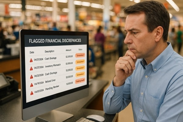 Store Manager Analyzing Predictive Analytics on a Large Screen in a Convenience Store
