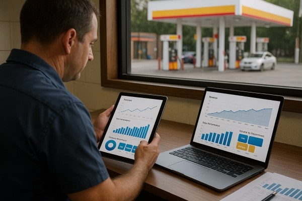Store Manager Analyzing Predictive Analytics on a Large Screen in a Convenience Store
