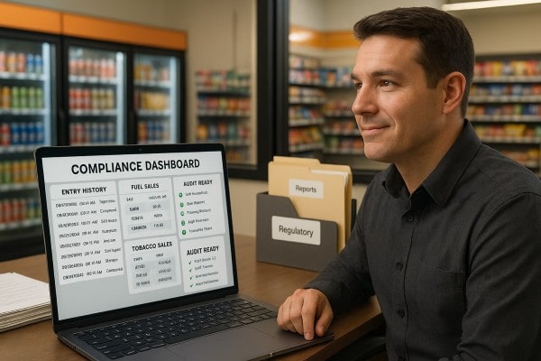 Store Manager Analyzing Predictive Analytics on a Large Screen in a Convenience Store