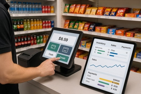 Business Professional Reviewing Real-Time Analytics Dashboard on Multiple Screens