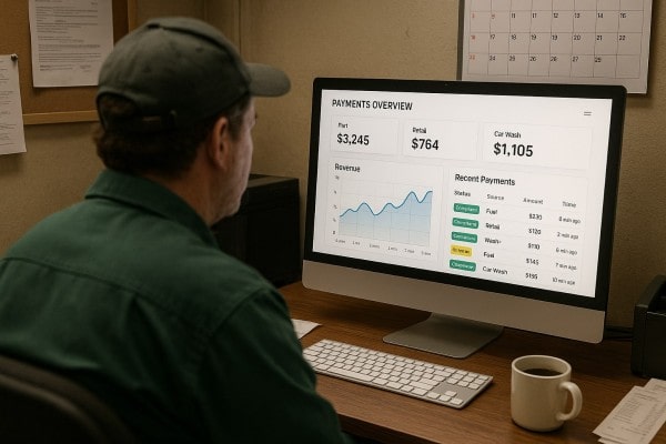 Store Manager Analyzing Predictive Analytics on a Large Screen in a Convenience Store