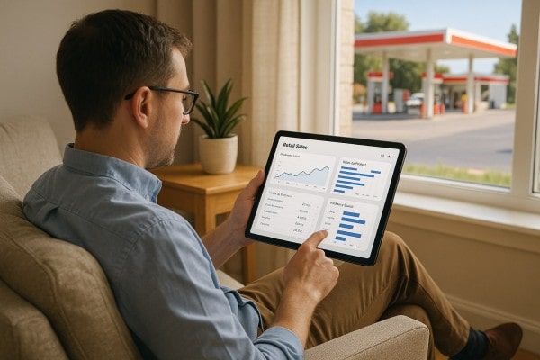 A Man in a Suit Sits at a Checkout Counter in a Grocery Store, Viewing Live Inventory Control Data from Programs for Inventory Management on a Large Monitor. Shelves of Food and Beverages Are Visible in the Background