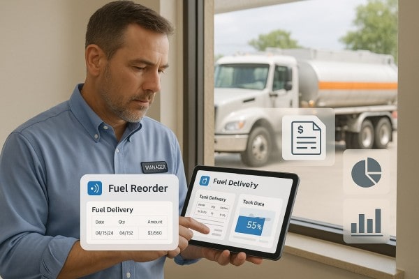 A Man in a Storage Room Scans a Product with a Tablet, Using Programs for Inventory Management, While Standing by a Laptop Displaying Low Stock and Aging Products Alerts. Shelves with Bottles and Boxes Are in the Background